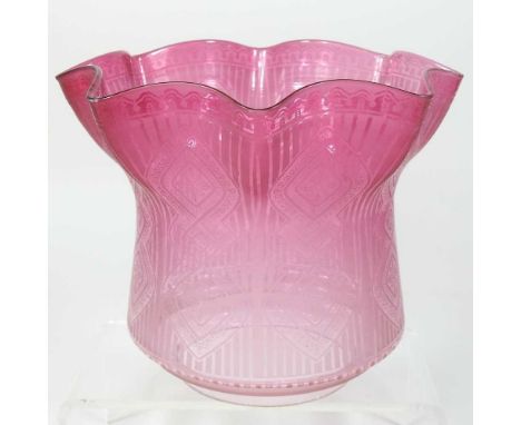 A red glass oil lamp shade, with etched decoration, 18cm highCondition report: Dirty with light overall surface marks. Tiny c
