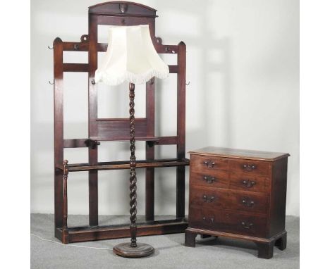 An early 20th century hallstand, 200cm high, together with a 19th century commode chest and standard lamp