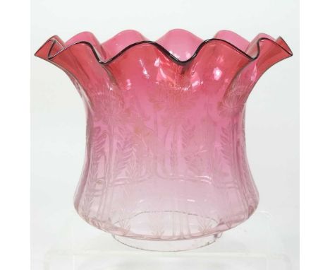 A red glass oil lamp shade, of frilled shape, with etched decoration, 17cm highCondition report: Overall dirty with very ligh