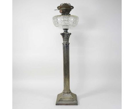 A 19th century silver plated Corinthian column oil lamp base, with a cut glass reservoir, 69cm highCondition report: Looks to