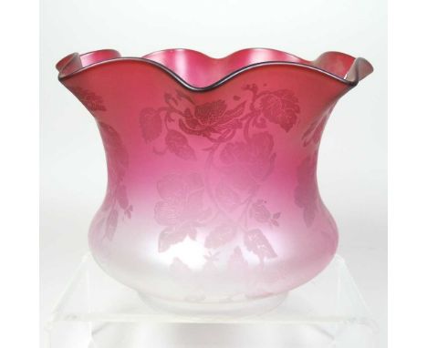 A red glass oil lamp shade, of frilled shape, with etched decoration, 15cm highCondition report: Overall looks to be complete
