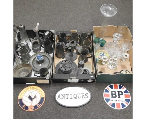 A collection of pewter, together with glassware, A BP Motor Spirit sign, a Tottenham Hotspur sign, an antiques sign, and othe