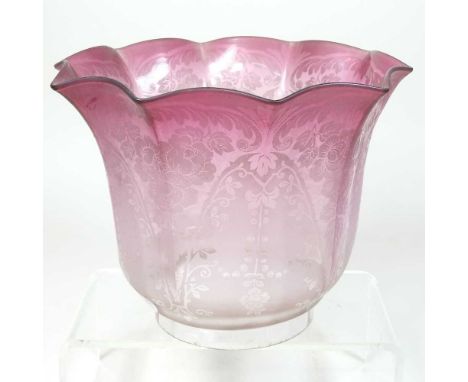 A red glass oil lamp shade, of frilled shape, with etched decoration, 18cm highCondition report: Dirty with light signs of ag