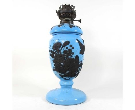 A 19th century blue opaline glass oil lamp, with relief silvered decoration and Postlethwaites patent burner, 42cm highCondit