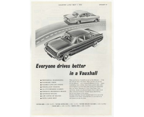 Vauxhall 1958-Full page advertisement -'Everyone Drives in a Vauxhall Motor Price Below Victor £498 up to Cresta £715-9" x 12