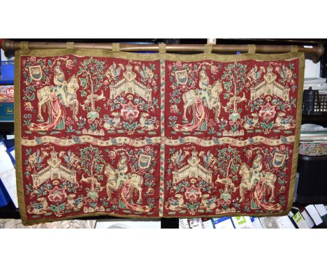 19th Century Quatered Tapestry depicting a late Elizabethen scene dated Anno 1585, of young man on horseback with a lady in f