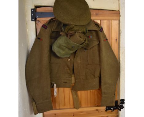 British WWII Battle dress uniform including Jacket, beret, and puttees, two pairs of wool gloves and a scarf in American wate