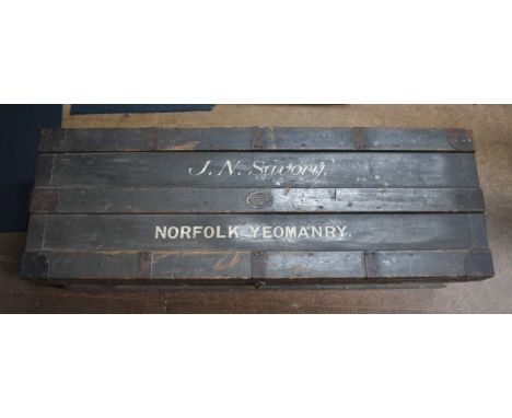 British WWII Officers Travel Trunk named to Capt. J. Savory, made from wood with lead lining. Excellent condition. Buyer coll
