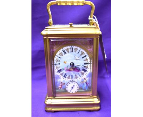 French 1880s 8 Day Carriage clock, makers mark ‘AM’ within a beehive and number 2052 with porcelain dial and side panels in t