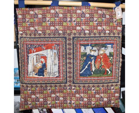 20th Century stitched panel wall hanger depicting Lover telling of love to lady Christine de Pisan-, mid. 15th century from C