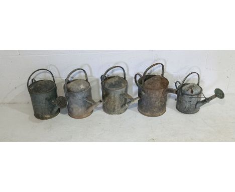 A collection of five vintage galvanised watering cans