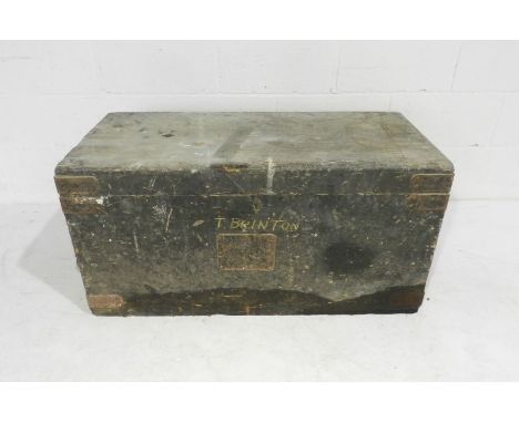 A metal bound wooden trunk containing various woodworking tools including a Woden No 192 vice, Stanley plane etc. - length 10