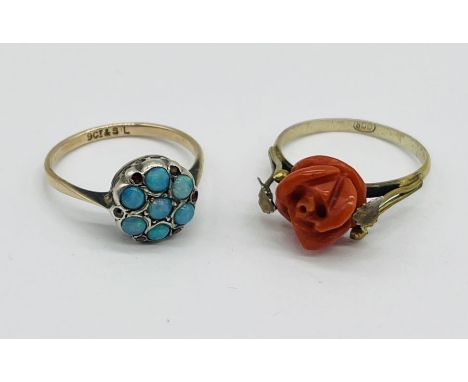 An opal and garnet cluster ring set in 9ct gold and silver along with a continental silver ring set with coral in the form of