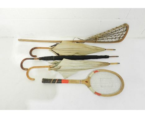 A vintage Lacrosse stick along with a silver collared parasol and others etc