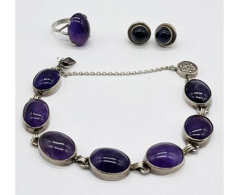 A 925 silver and cabochon amethyst bracelet, earrings and similar ring (marked 835)