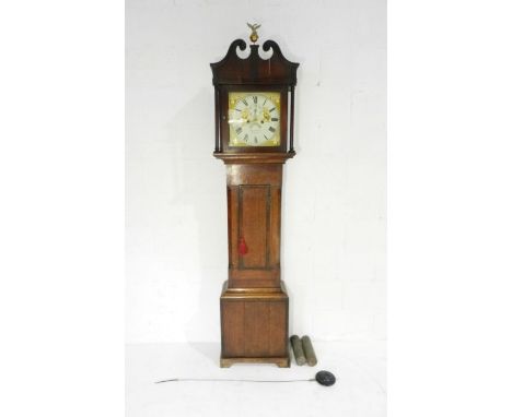 An oak longcase clock with hand painted dial named to 'Robert Dobel, Yeovil' with Japonisme scenes and exotic birds - height 