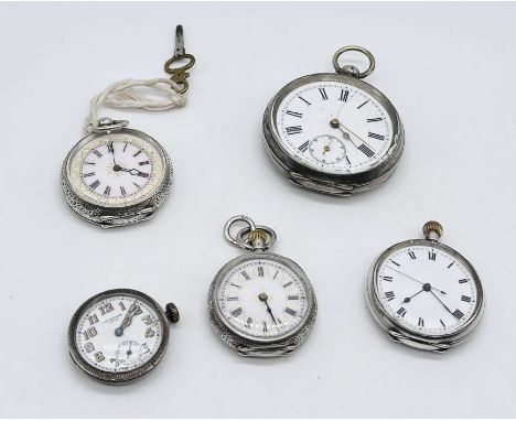 Three continental silver fob watches along with a silver pocket watch and a  J.W. Benson silver watch with painted enamel dia