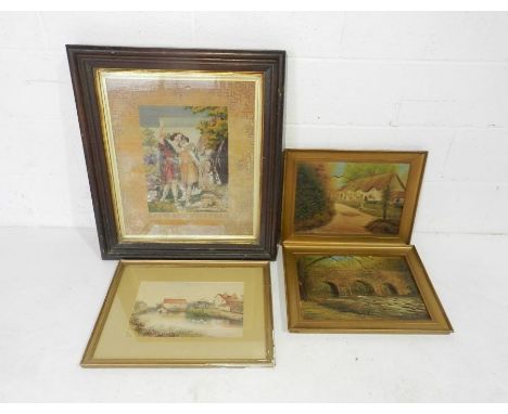 Two framed turn of the century oil on boards of rural scenes signed 'D Melvin' along with a framed watercolour of a rural sce