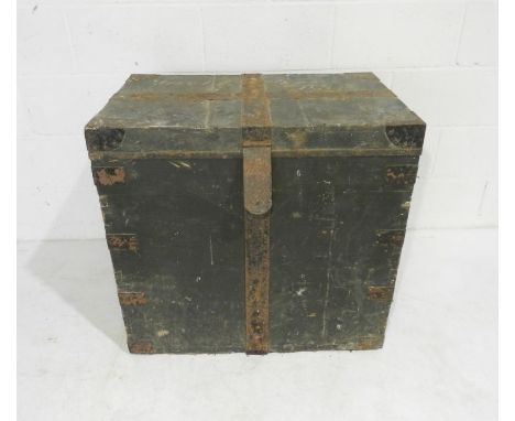A metal bound wooden trunk containing various tools including a Footprint vice etc. - length 78cm, depth 49cm, height 74cm