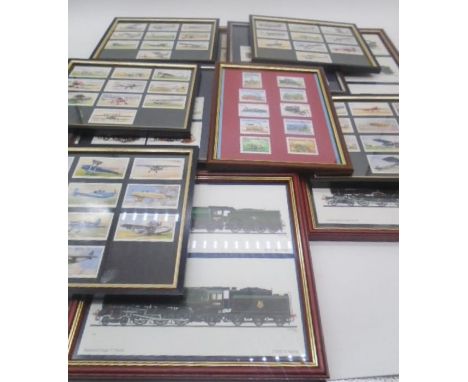 A selection of framed cigarette cards, stamps and locomotive/ steam engine prints. Includes Players Cigarettes vintage aviati