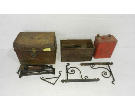 A wooden table-top set of drawers along with a vintage petrol can, small tin trunk etc.