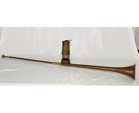 A British Coal Mining Company Wales mining lamp named for the Aberaman Colliery along with a brass hunting horn
