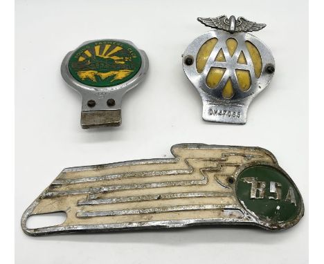 A vintage BSA aluminium emblem from a motorbike, Young Farmers car badge along with an AA badge