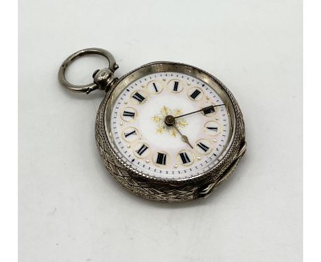 A continental silver (935) fob watch with decorated white enamel dial
