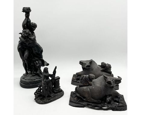 A pair of carved Oriental water buffalo and figures on stands (1 A/F) along with a classical style resin lamp base and cast m