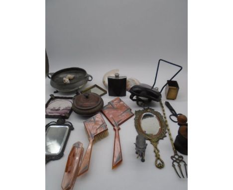 A collection of miscellaneous items including an Art Deco dressing table set (mirror A/F) , two hand mirrors, pewter ware, hi