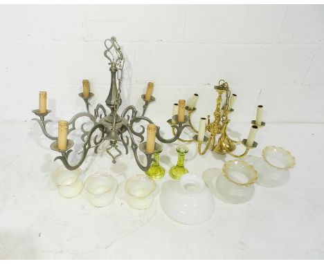 Two ceiling light pendants along with a quantity of glass shades etc.