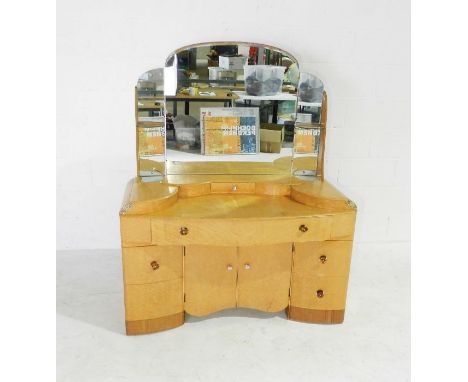 An Art Deco birdseye maple dressing table with light up panels - length 122cm, depth 53cm, height 150cm