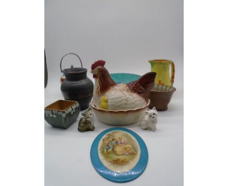 A Majolica Tazza along with a Royal Doulton biscuit barrell, a porcelain plaque, two Beswick cats, a Burleigh ware Art  Deco 