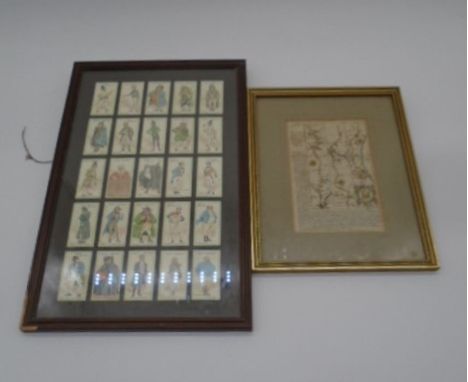 A framed vintage map of Axmouth and Bridport plus a framed selection of Players cigarette cards from the "characters from Dic