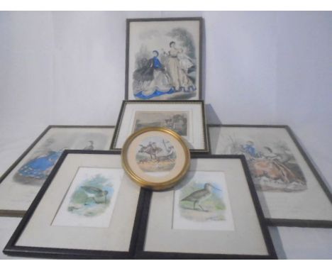 An assortment of framed vintage prints including four "La Mode Illustree" numbers 3,37,41 and 50 plus two antiquarian prints 