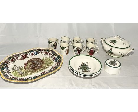 A collection of Spode Christmas ware including bowls, serving bowl, mugs along with a Spode meat platter with Turkey motif