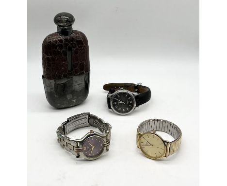 Three vintage watches along with a leather cased flask (A/F)