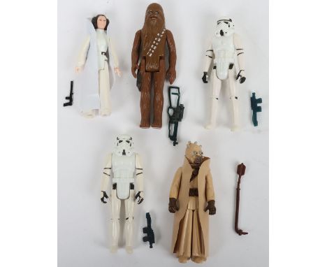 Five  Vintage Star Wars First Wave Action Figures, Chewbacca with Bowcaster @ GMFGI 1977 Hong Kong, Princess Leia Organa ,wit