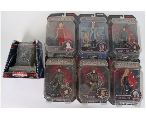 Seven Battlestar Galactica Action Figures, including: Gina Inviere, Six, Caprica six, Chief Tyrol, Brendon Costanza “hot dog”