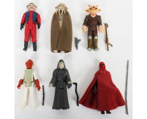 Six Vintage Star Wars ROTJ First/Second Wave Action Figures, Admiral Ackbar with Baton @L.F.L. 1982 Taiwan, Nien Nunb @L.F.L.