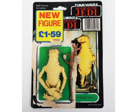 Vintage Star Wars Power of The Force Last 17 Amanaman Bounty Hunter Action Figure, complete with large headhunter staff, in n