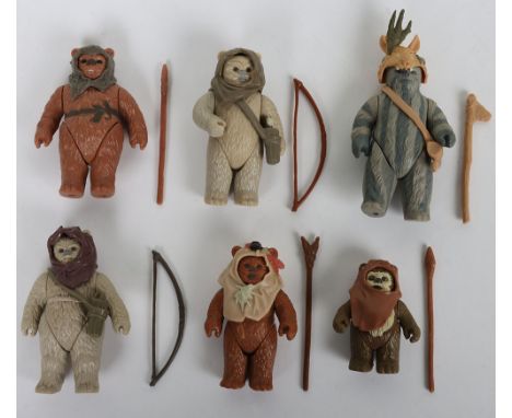 Six Vintage Star Wars Ewok Action Figures, Teebo with headdress stone ax and battle horn @ L.F.L.1984 Taiwan, Wicket W. Warri