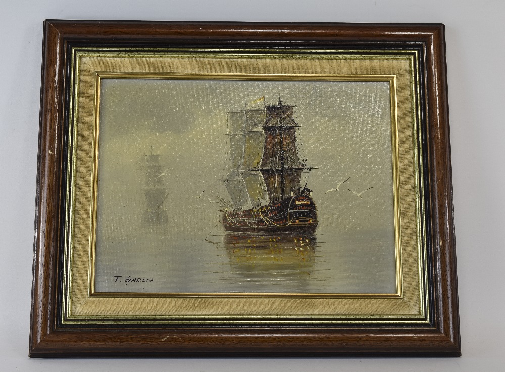 T Garcia 20th Century Artist Galleon On Calm Waters Oil On Board   Original 