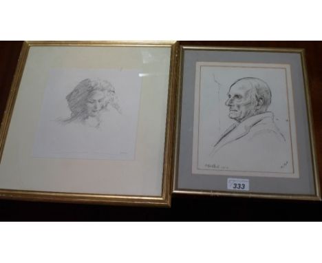SOLD IN TIMED AUCTION A Howard Morgan signed pencil sketch portrait in gilt frame and a Clifford Hall (RA) signed portrait st
