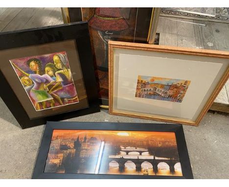 Modern school, Women Dancing, oil, signed bottom right (28cm x 18cm) and a print of Venice etc. (4)