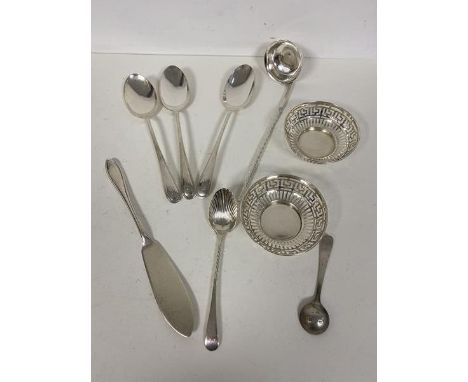 A mixed lot of silver including three Birks teaspoons, an 1876 London silver ladle, makers mark GA, two Birmingham silver sma