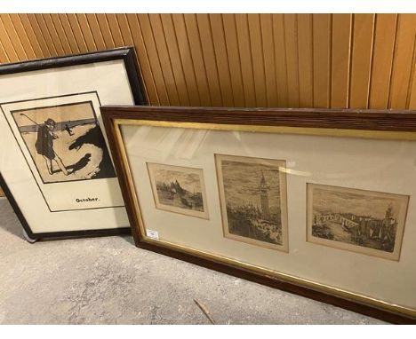 W.V. Colletts, a set of three engravings of Venice (largest: 20cm x 13cm) and another print inscribed October, showing Gentle