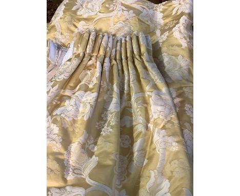A pair of country house satinized curtains, the gold field decorated with foliate, with pelmet and tie backs, W86cm (top) Dro
