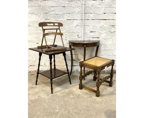 A mixed lot to include a Reprodux demi-lune side table, together with an oak stool with cane seat, an Edwardian mahogany lamp