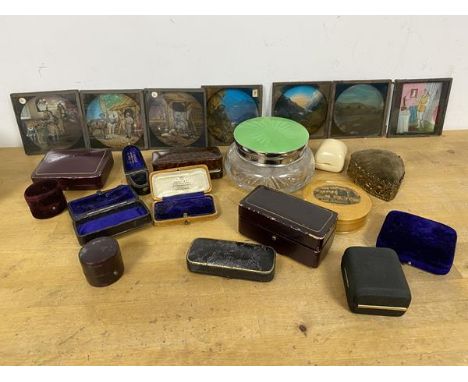 A mixed lot including a group of seven magic lantern slides, a group of vintage jewellery boxes, including those by W Pickles